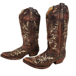 Johnny Ringo Brown Leather Cheetah Leopard Inlay Western Boots Womens Size 8 B
